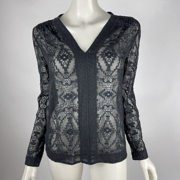 Rebecca Taylor Embroidered Silk Blouse Women 2 EUC V-neck Long Sleeve Sheer Top - Picture 6 of 12